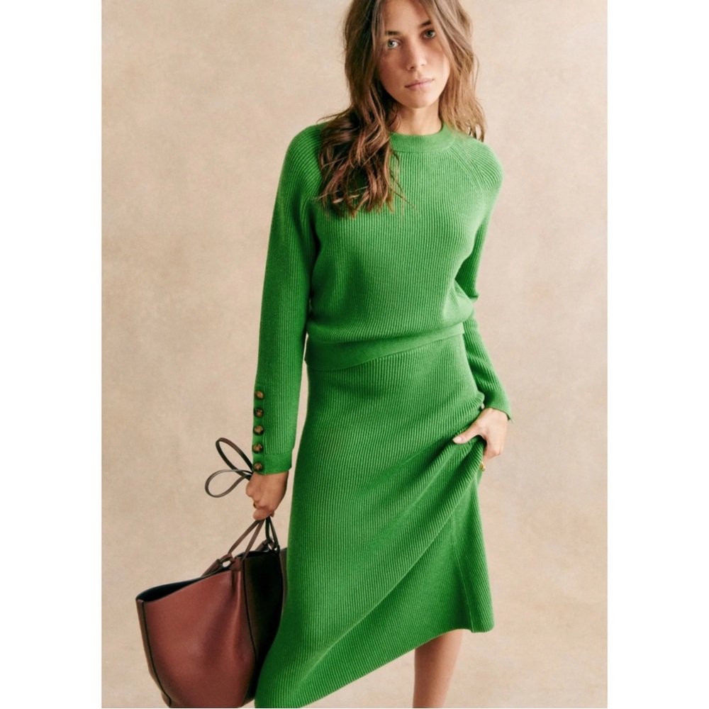 SEZANE Green Ribbed Knit Wool & Organic Cotton Naelle Pull On Midi Skirt S - Picture 5 of 16